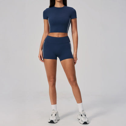 Brushed Short-Sleeve Yoga Crop Top - Navy Blue / White - navy blue white shorts styling