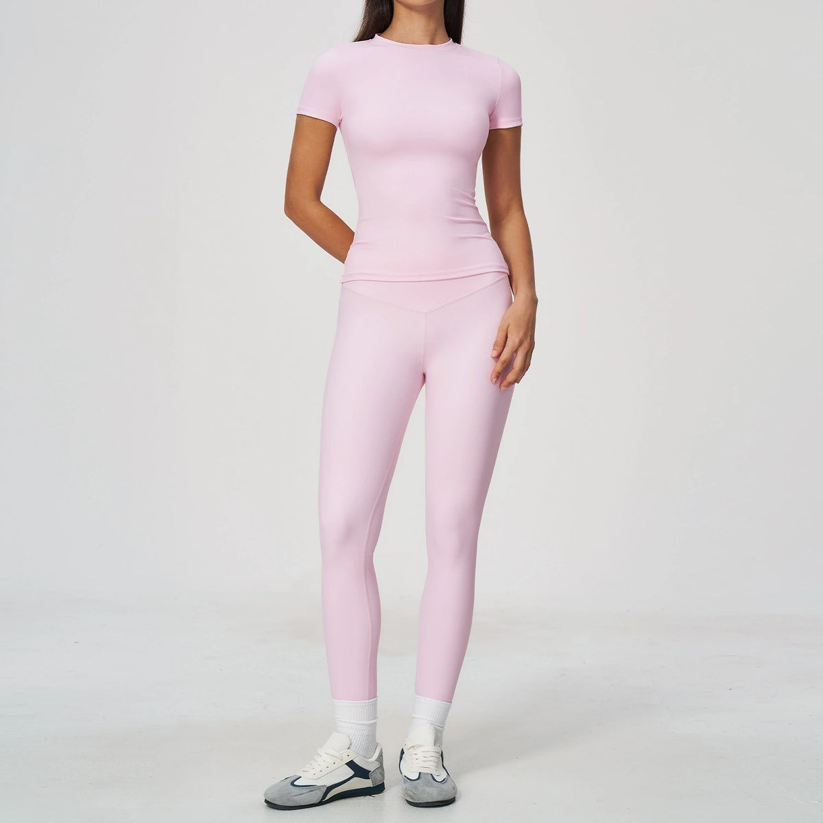 Brushed Short-Sleeve Yoga Set - Cherry Blossom Pink - cherry blossom pink front view