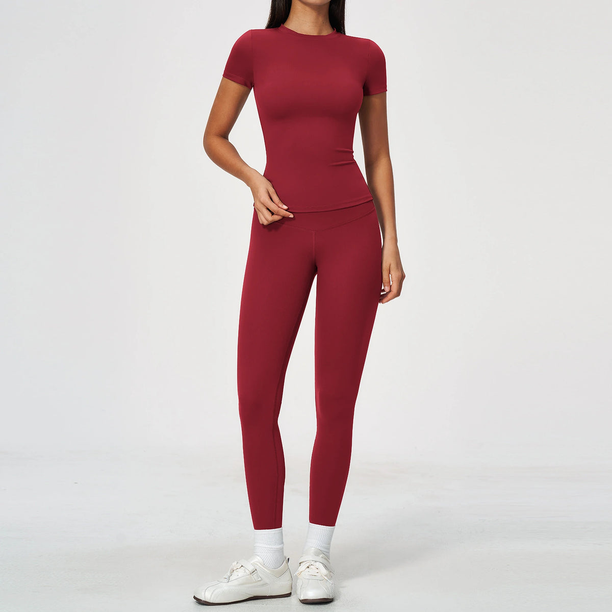 Brushed Short-Sleeve Yoga Set - Cherry Red - cherry red front view