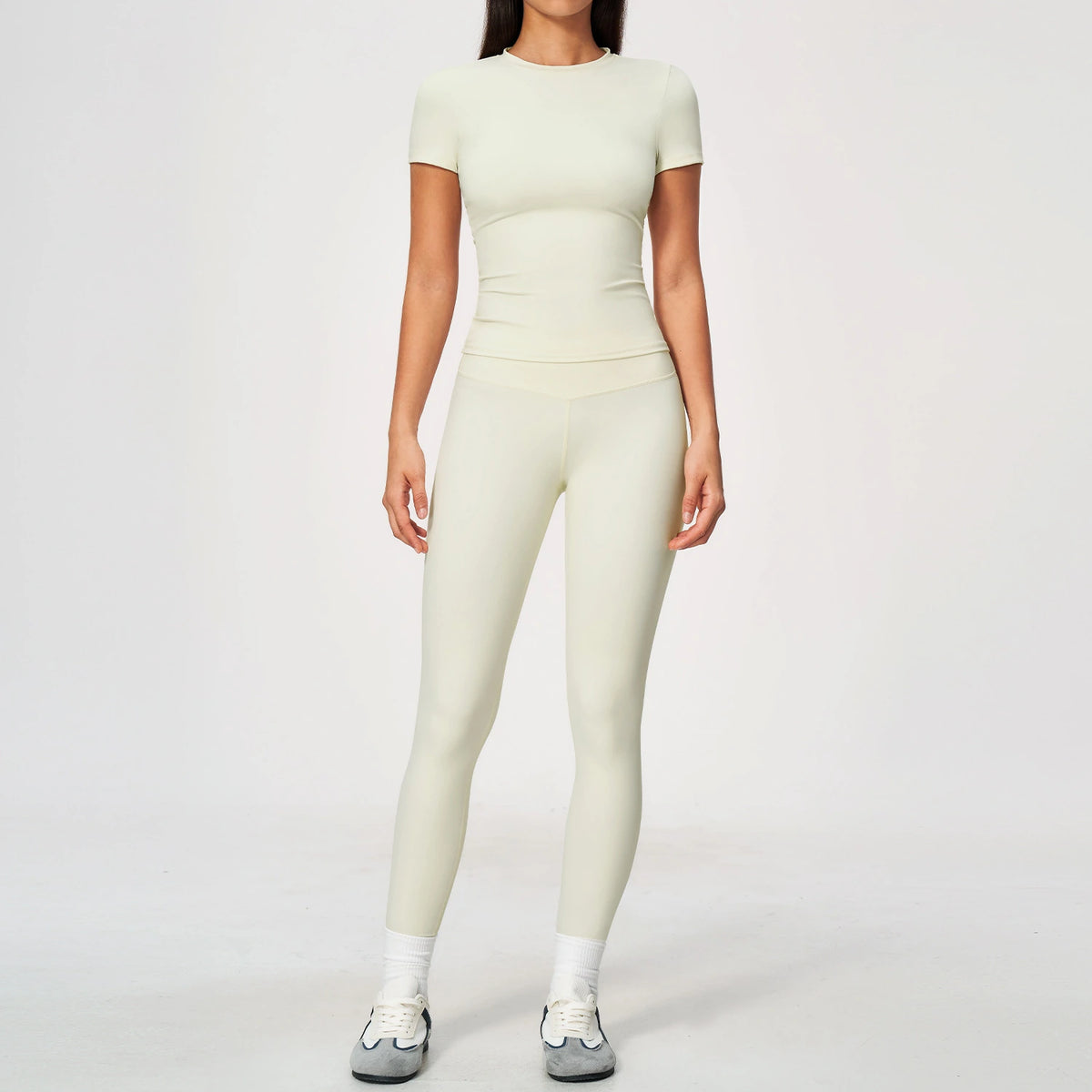 Brushed Short-Sleeve Yoga Set - Cream White - cream white front view