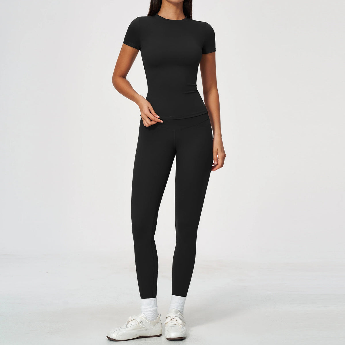 Brushed Short-Sleeve Yoga Set - Premium Black - premium black front view