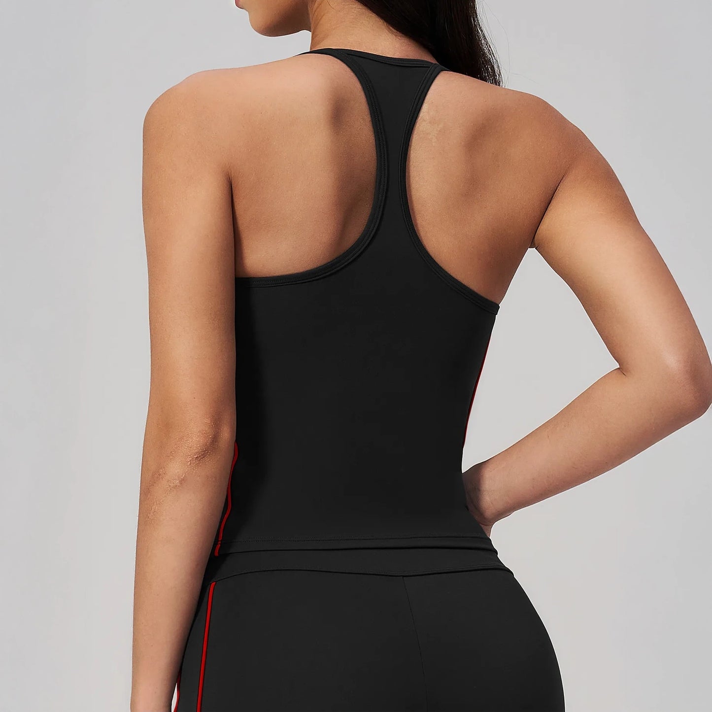 Contrast Fitted Yoga Tank Top - Black / Red - black red back closeup