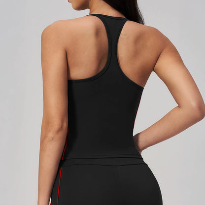 Contrast Fitted Yoga Tank Top - Black / Red - black red back closeup