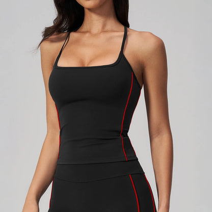 Contrast Fitted Yoga Tank Top - Black / Red - black red side closeup