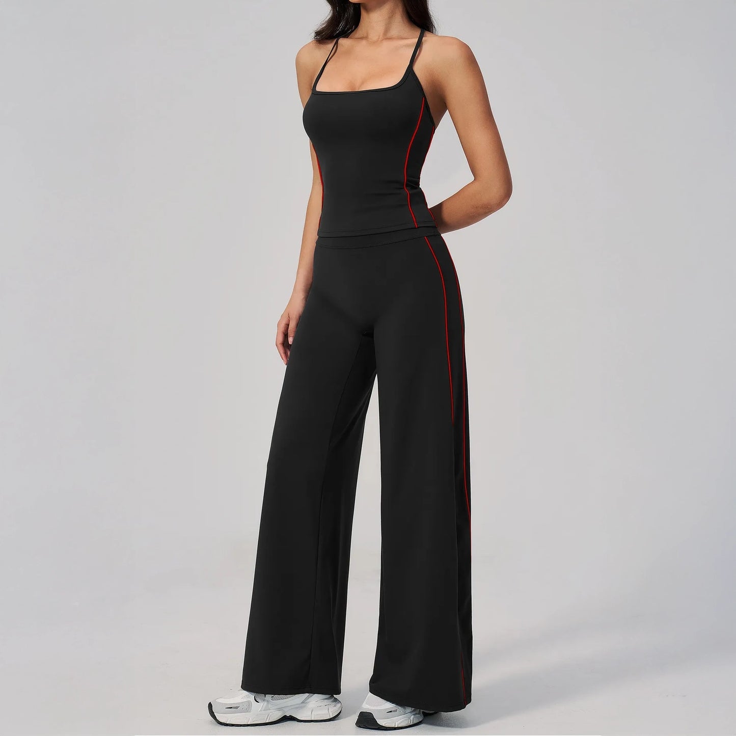 Contrast Fitted Yoga Tank Top - Black / Red - black red wide leg front angle