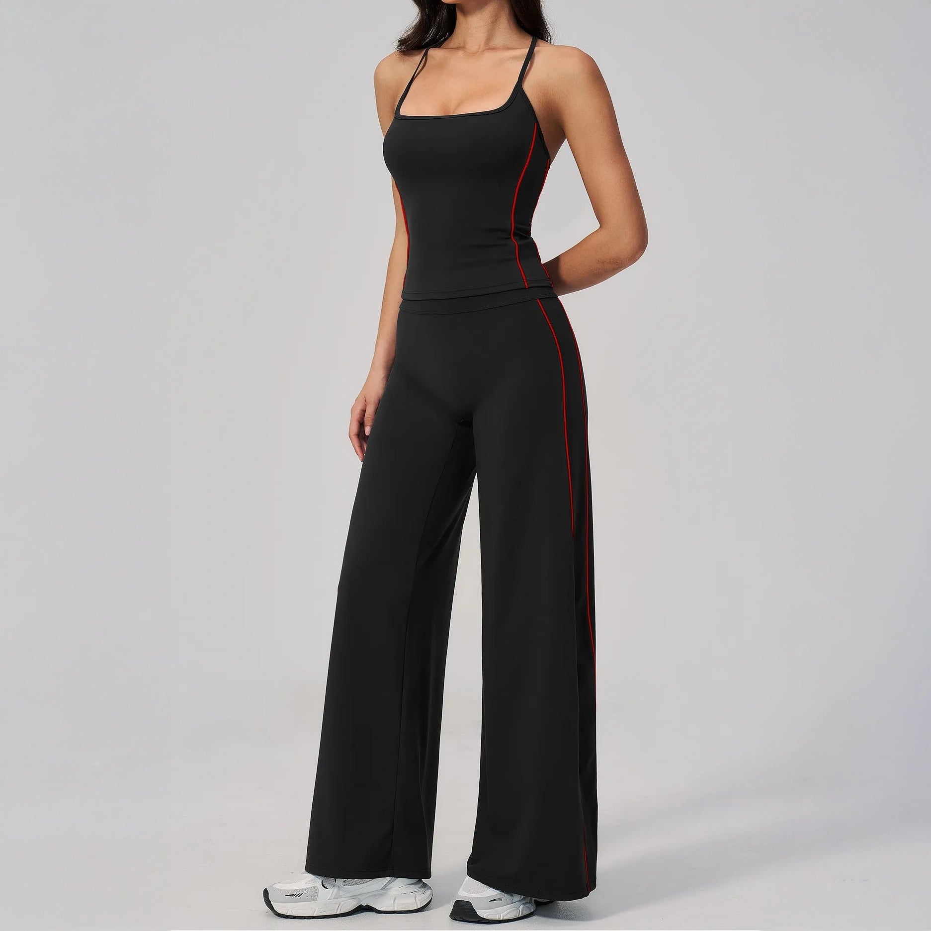 Contrast Fitted Yoga Tank Top - Black / Red - black red wide leg front angle