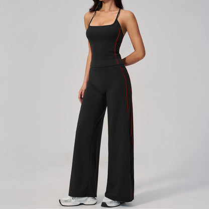 Contrast Fitted Yoga Tank Top - Black / Red - black red wide leg front angle