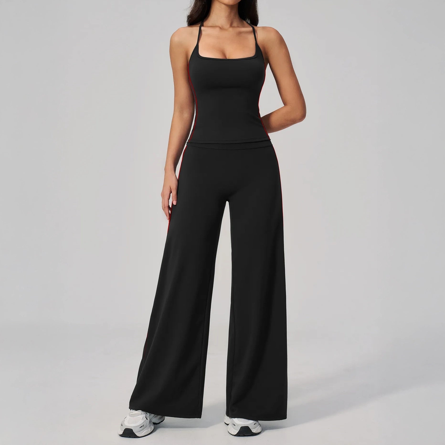 Contrast Fitted Yoga Tank Top - Black / Red - black red wide leg styling