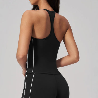 Contrast Fitted Yoga Tank Top - Black / White - black white back closeup