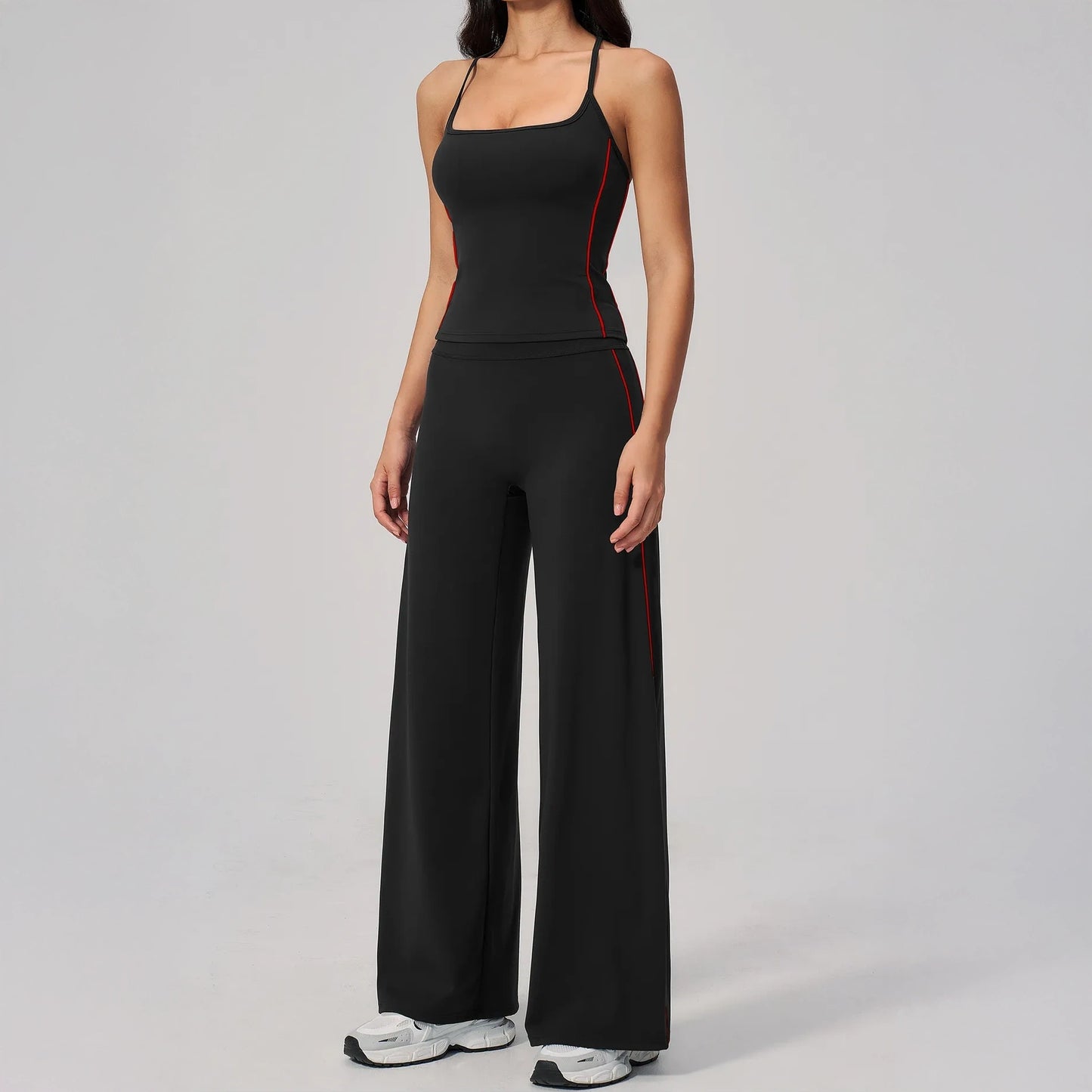 Contrast Fitted Yoga Tank Top - Black / White - black white capri front view