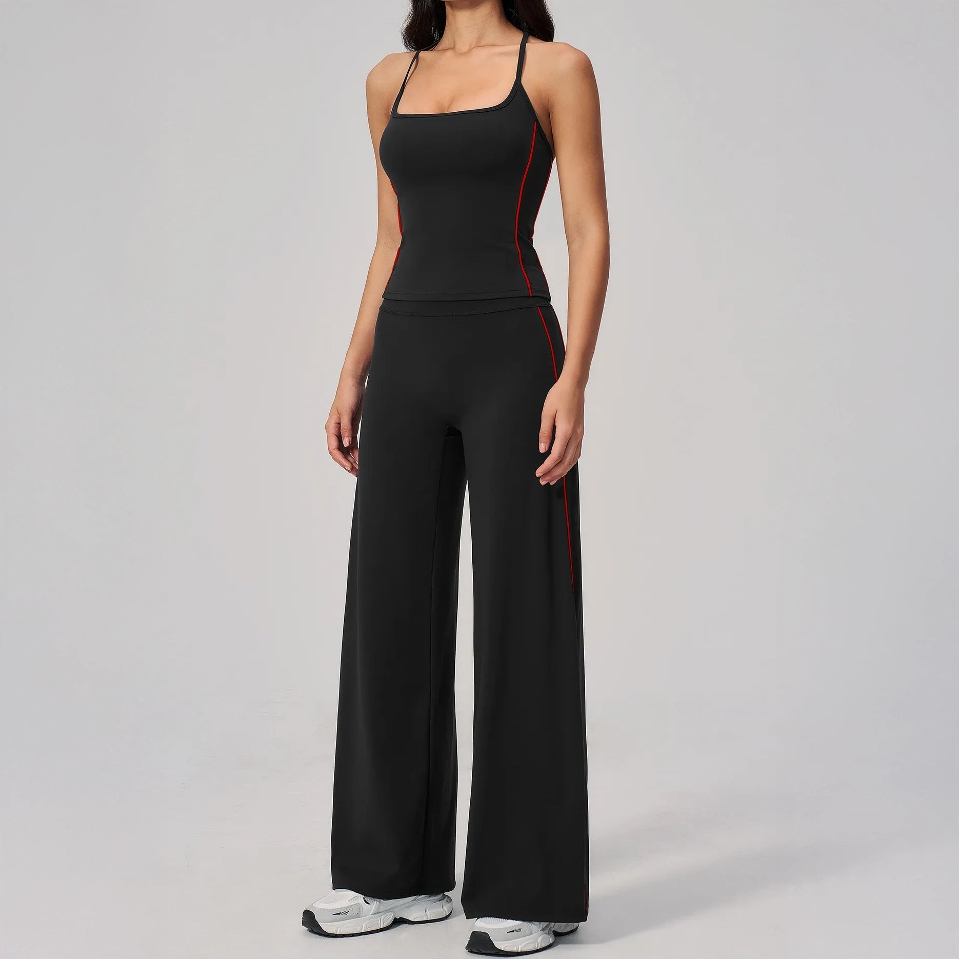 Contrast Fitted Yoga Tank Top - Black / White - black white capri front view