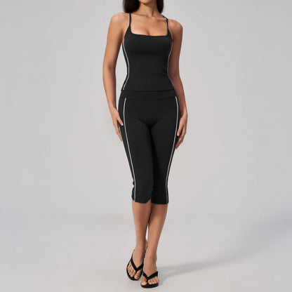 Contrast Fitted Yoga Tank Top - Black / White - black white capri styling