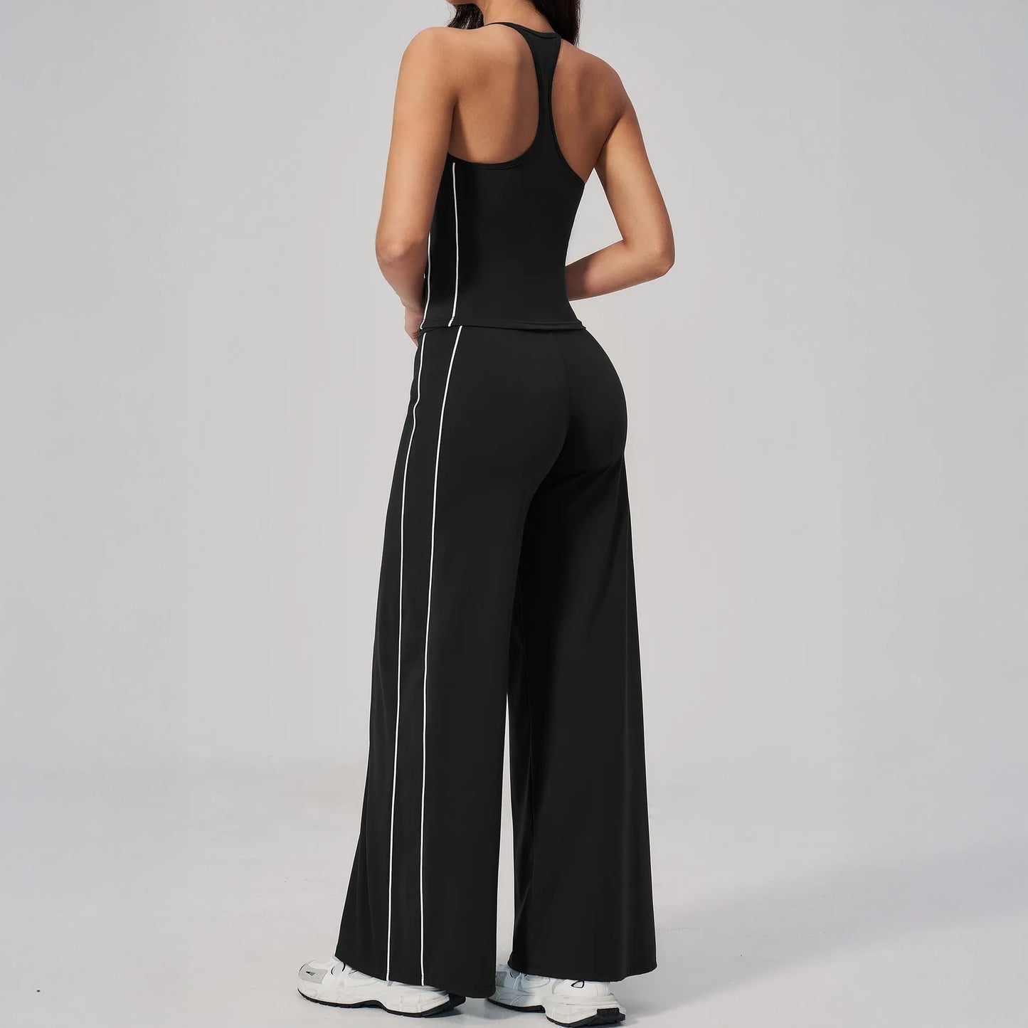 Contrast Fitted Yoga Tank Top - Black / White - black white wide leg back angle