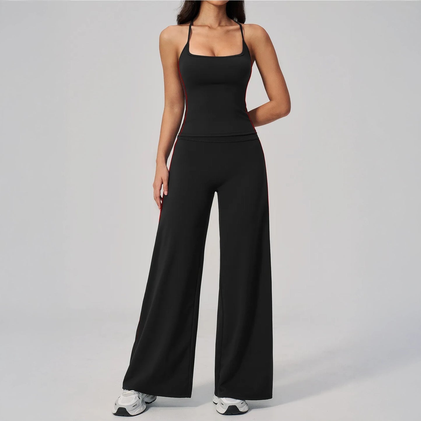 Contrast Fitted Yoga Tank Top - Black / White - black white wide leg back view