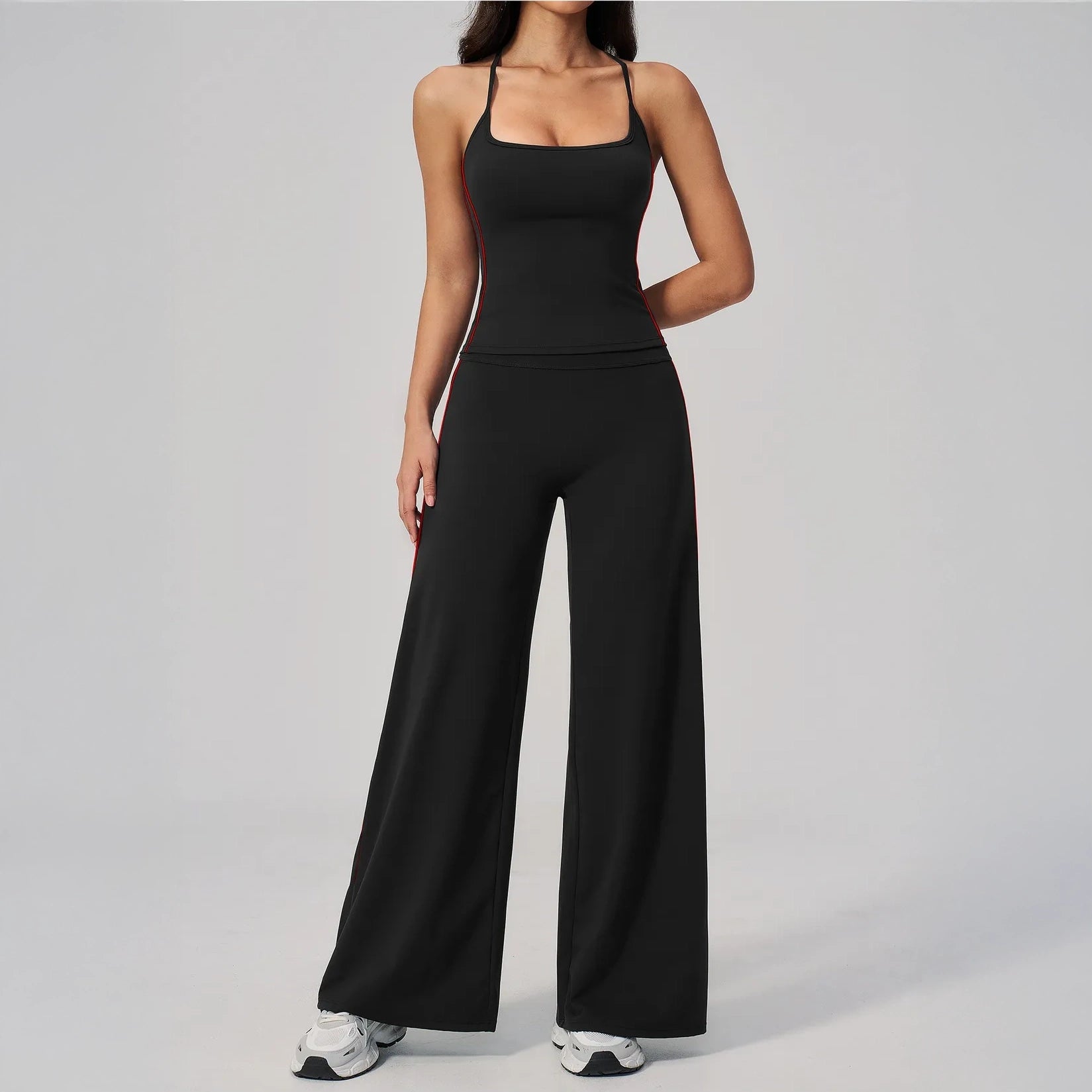 Contrast Fitted Yoga Tank Top - Black / White - black white wide leg back view