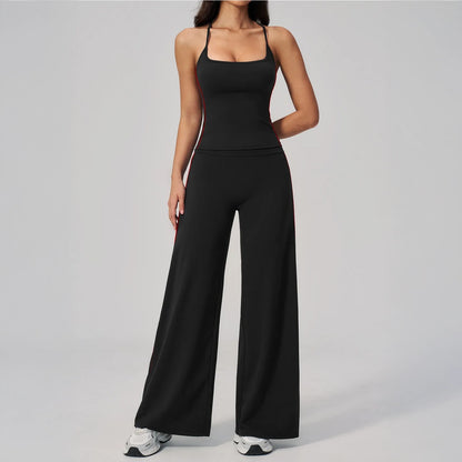 Contrast Fitted Yoga Tank Top - Black / White - black white wide leg back view
