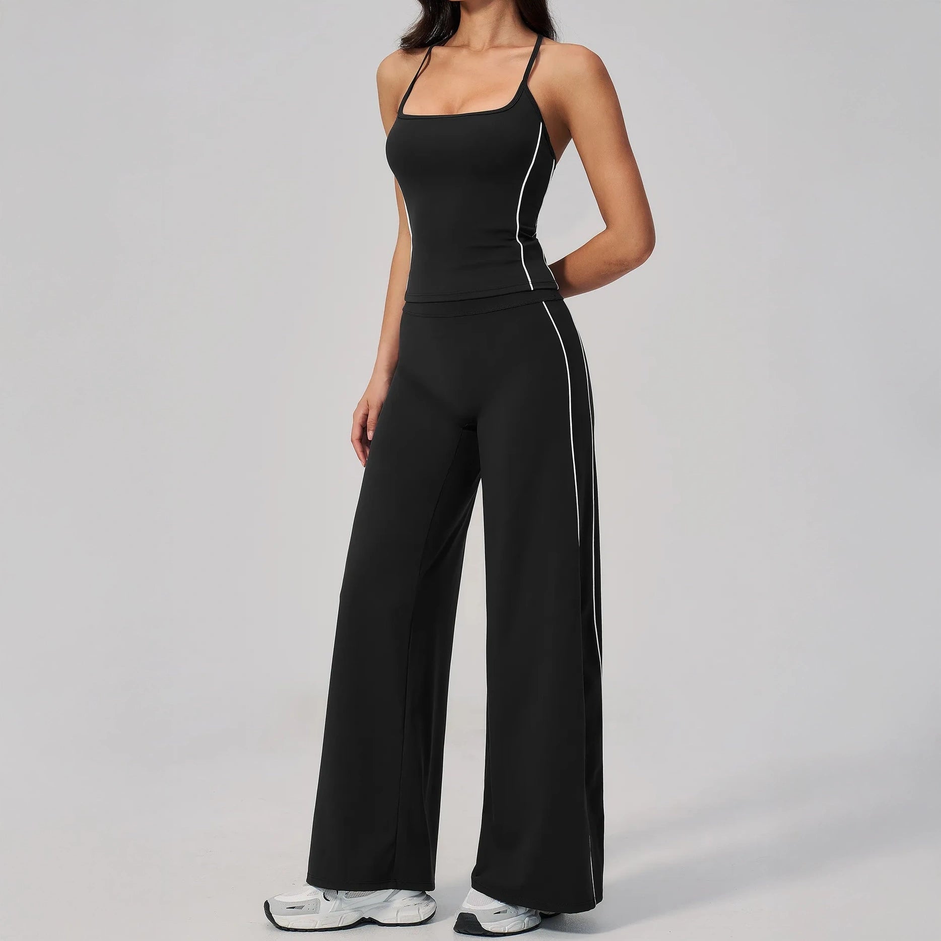 Contrast Fitted Yoga Tank Top - Black / White - black white wide leg front angle