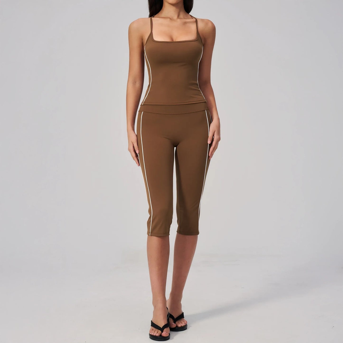 Contrast Fitted Yoga Tank Top - Chestnut Brown / Cream - chestnut brown cream capri styling