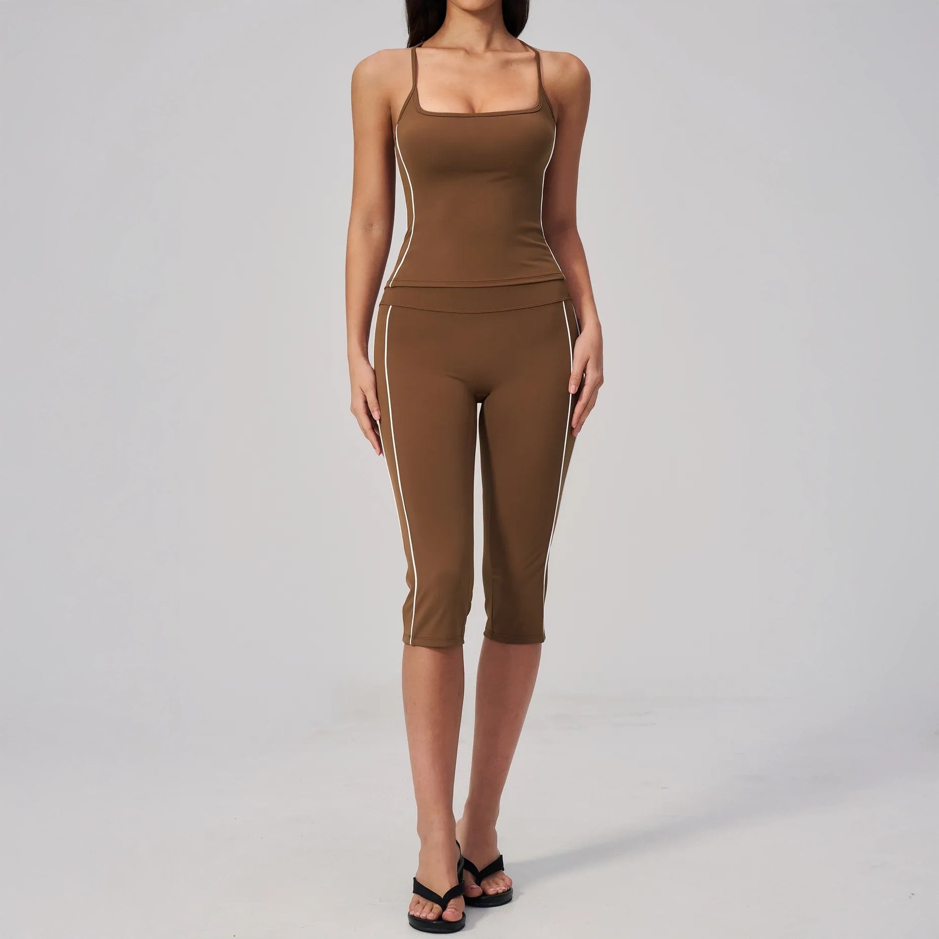 Contrast Fitted Yoga Tank Top - Chestnut Brown / Cream - chestnut brown cream capri styling
