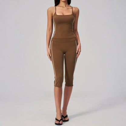 Contrast Fitted Yoga Tank Top - Chestnut Brown / Cream - chestnut brown cream capri styling