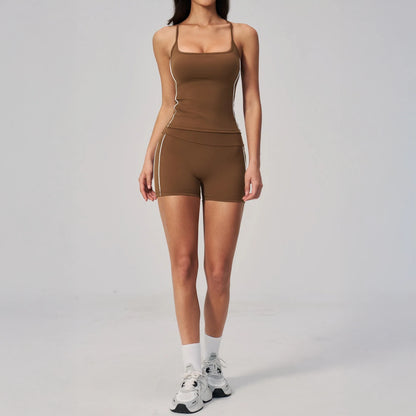 Contrast Fitted Yoga Tank Top - Chestnut Brown / Cream - chestnut brown cream shorts styling