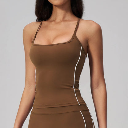 Contrast Fitted Yoga Tank Top - Chestnut Brown / Cream - chestnut brown cream side closeup