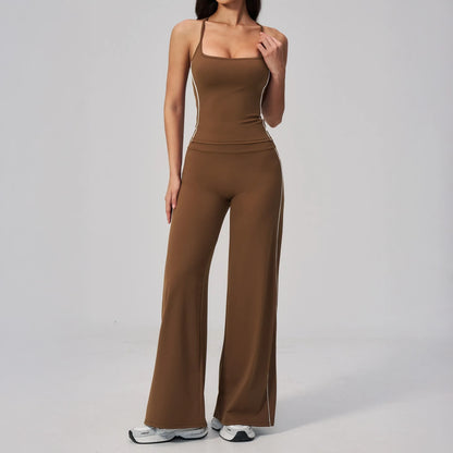Contrast Fitted Yoga Tank Top - Chestnut Brown / Cream - chestnut brown cream wide leg styling