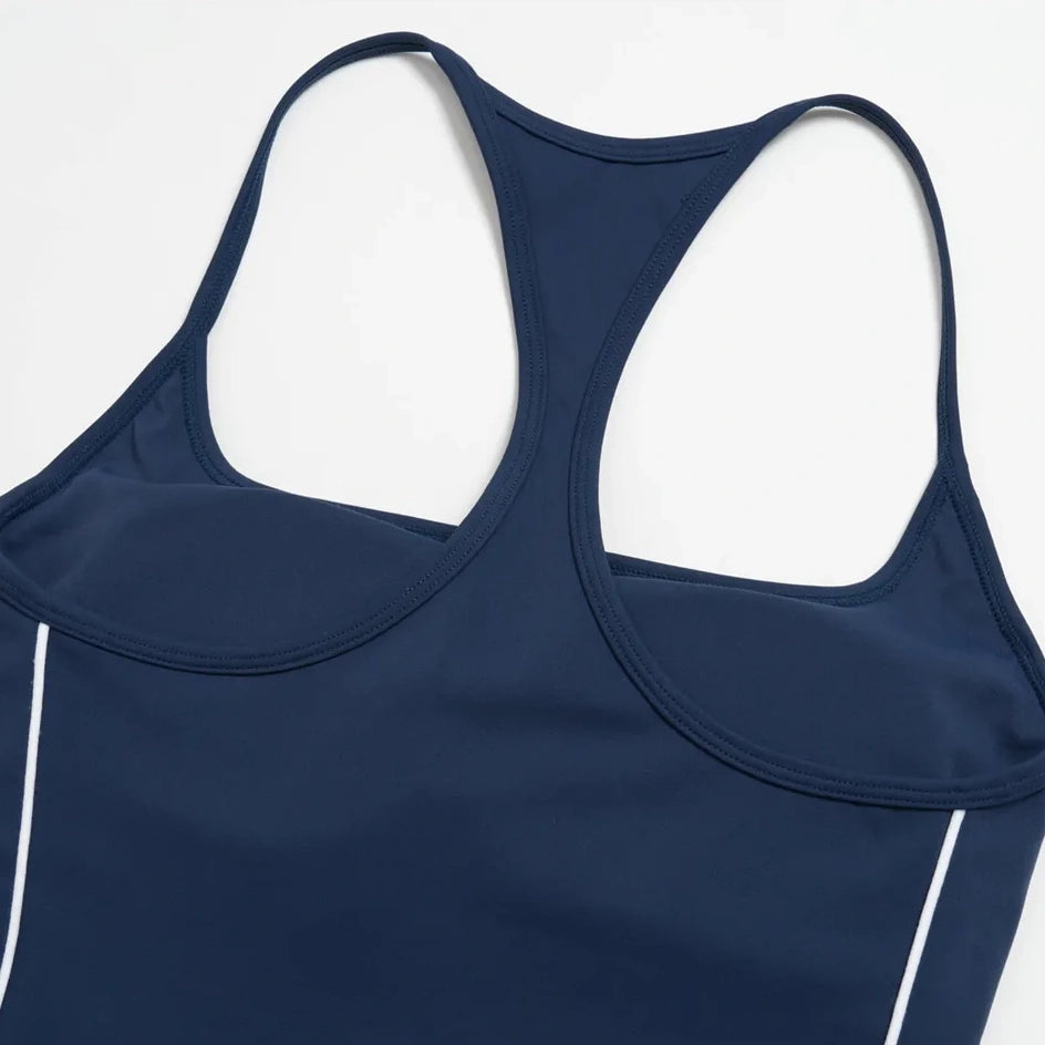 Contrast Fitted Yoga Tank Top - Navy Blue / White - navy blue white back view flat