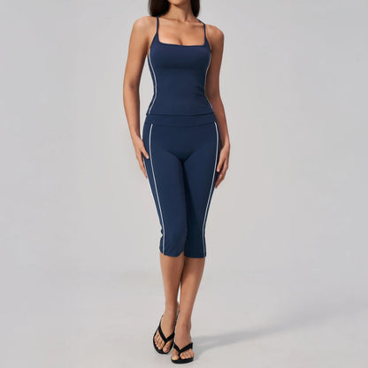 Contrast Fitted Yoga Tank Top - Navy Blue / White - navy blue white capri styling