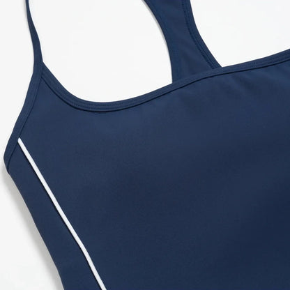 Contrast Fitted Yoga Tank Top - Navy Blue / White - navy blue white front neckline flat