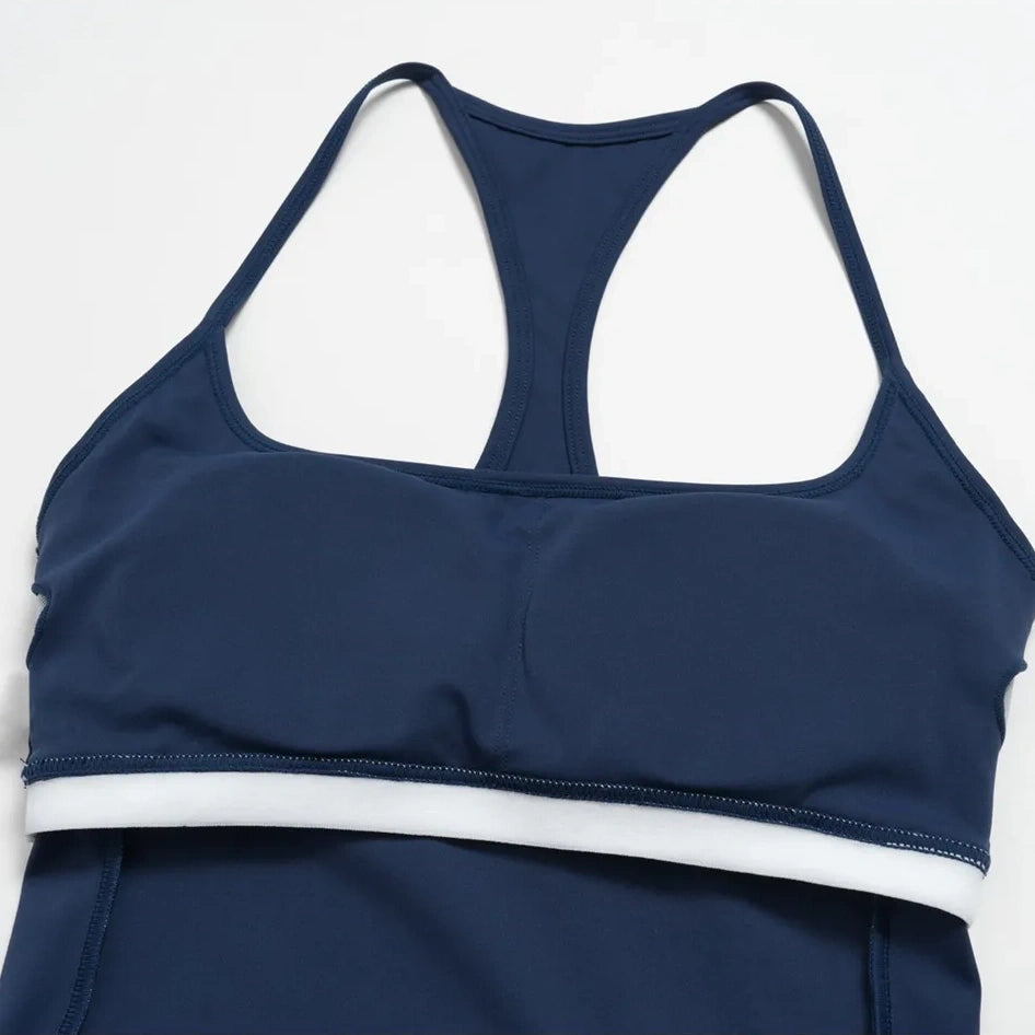 Contrast Fitted Yoga Tank Top - Navy Blue / White - navy blue white removable pad detail