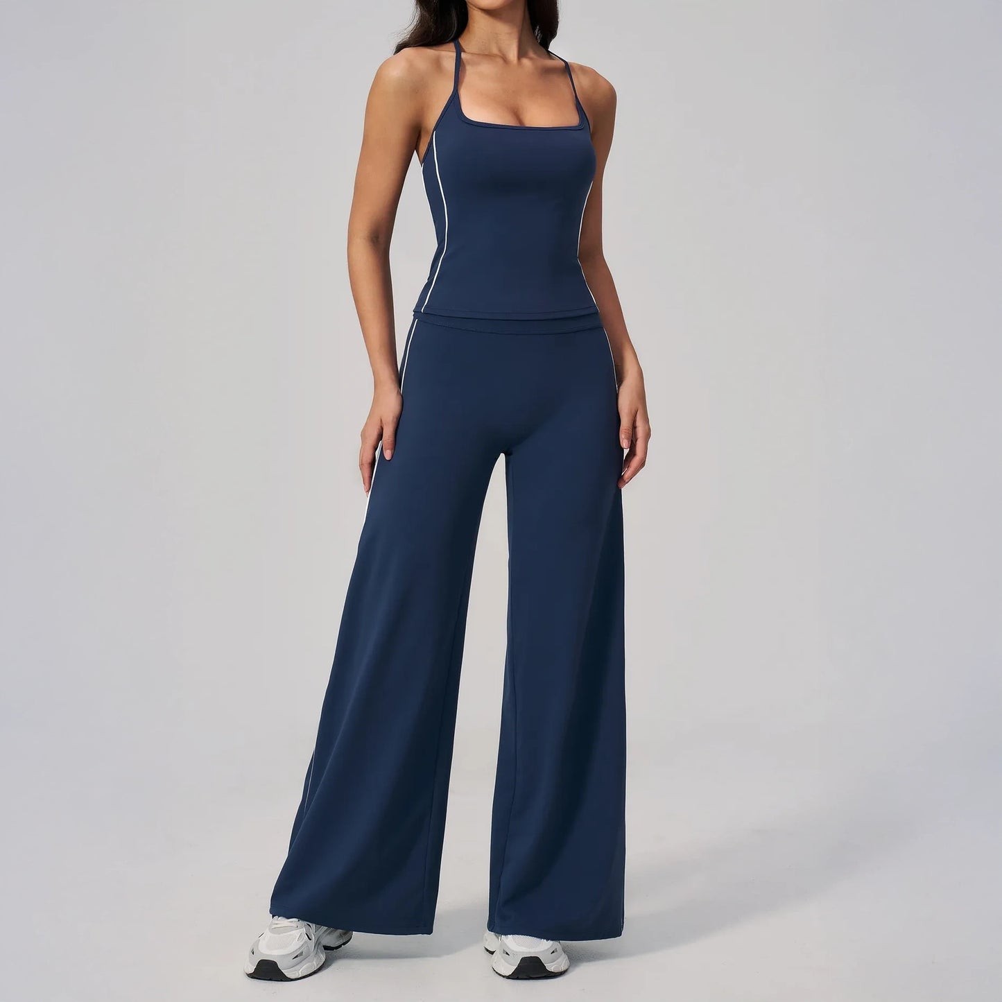 Contrast Fitted Yoga Tank Top - Navy Blue / White - navy blue white wide leg styling