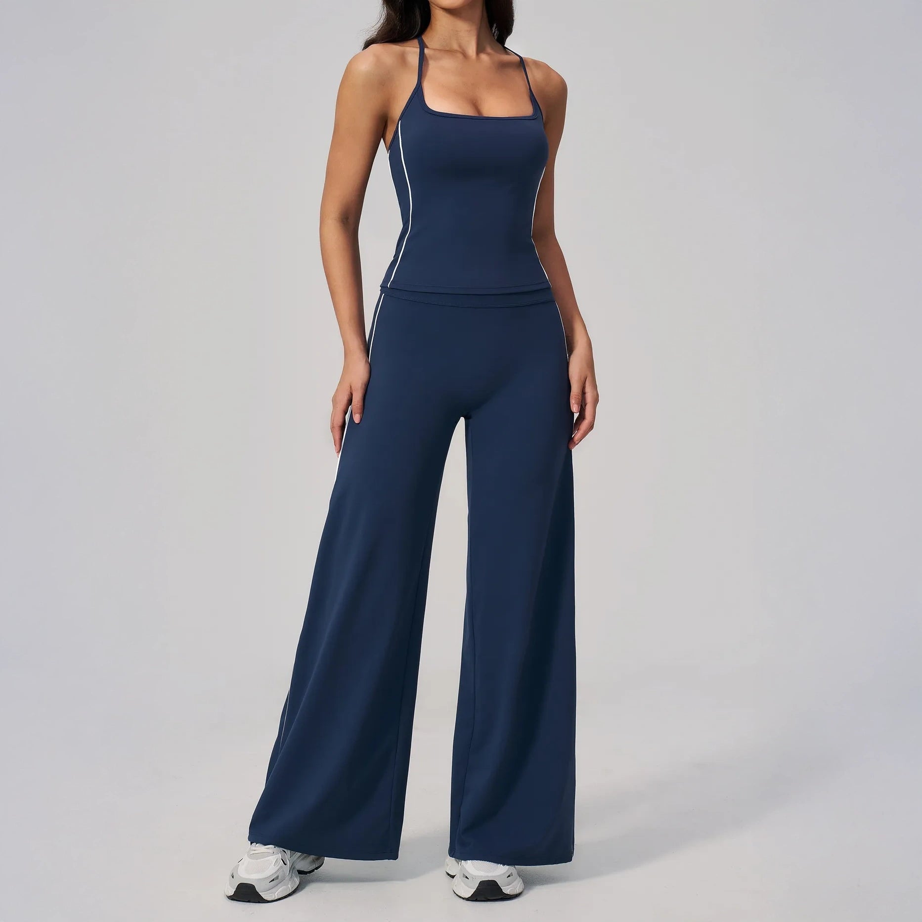 Contrast Fitted Yoga Tank Top - Navy Blue / White - navy blue white wide leg styling