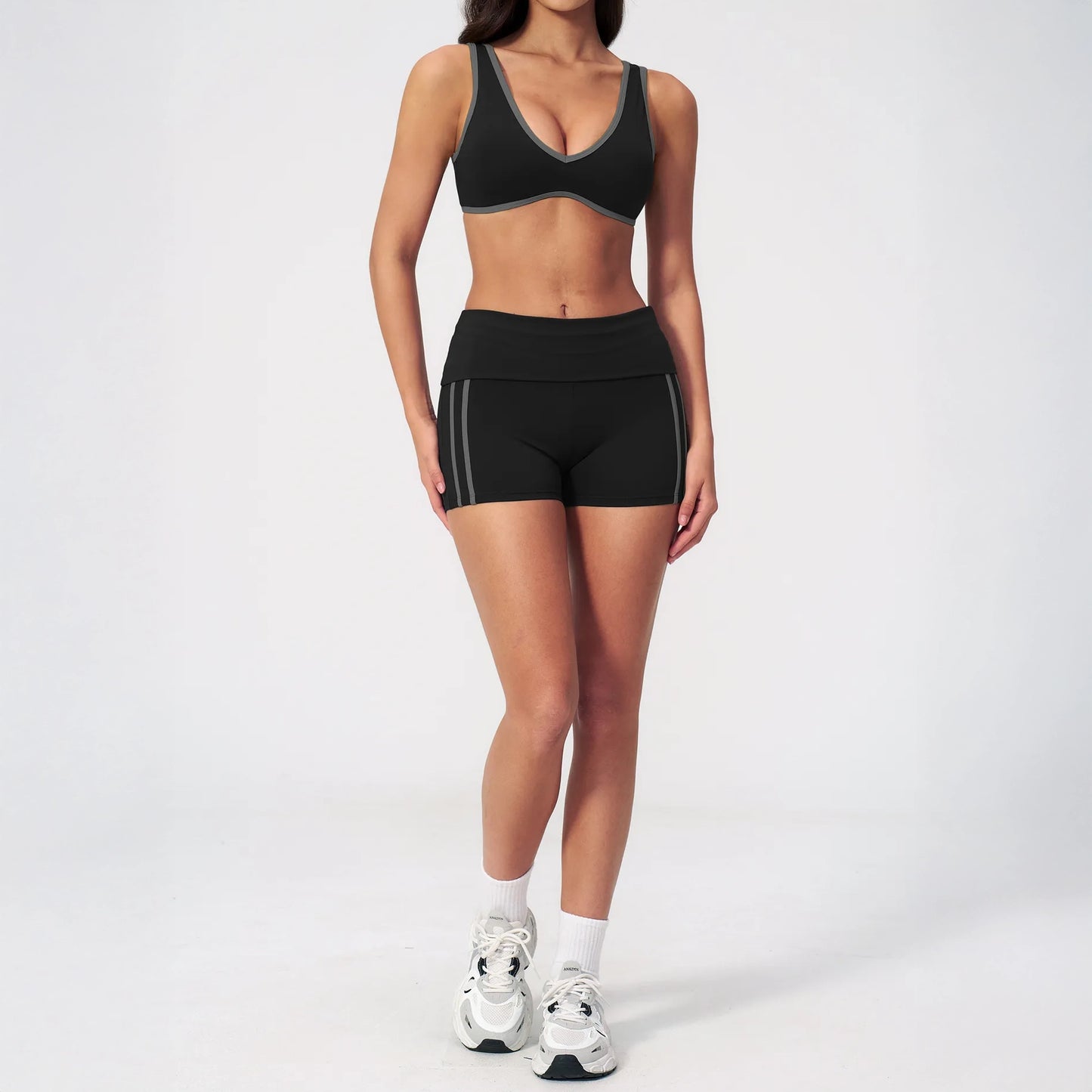 Contrast Foldover Waist Cheer Athletic Shorts - Black / Charcoal - black charcoal full styling
