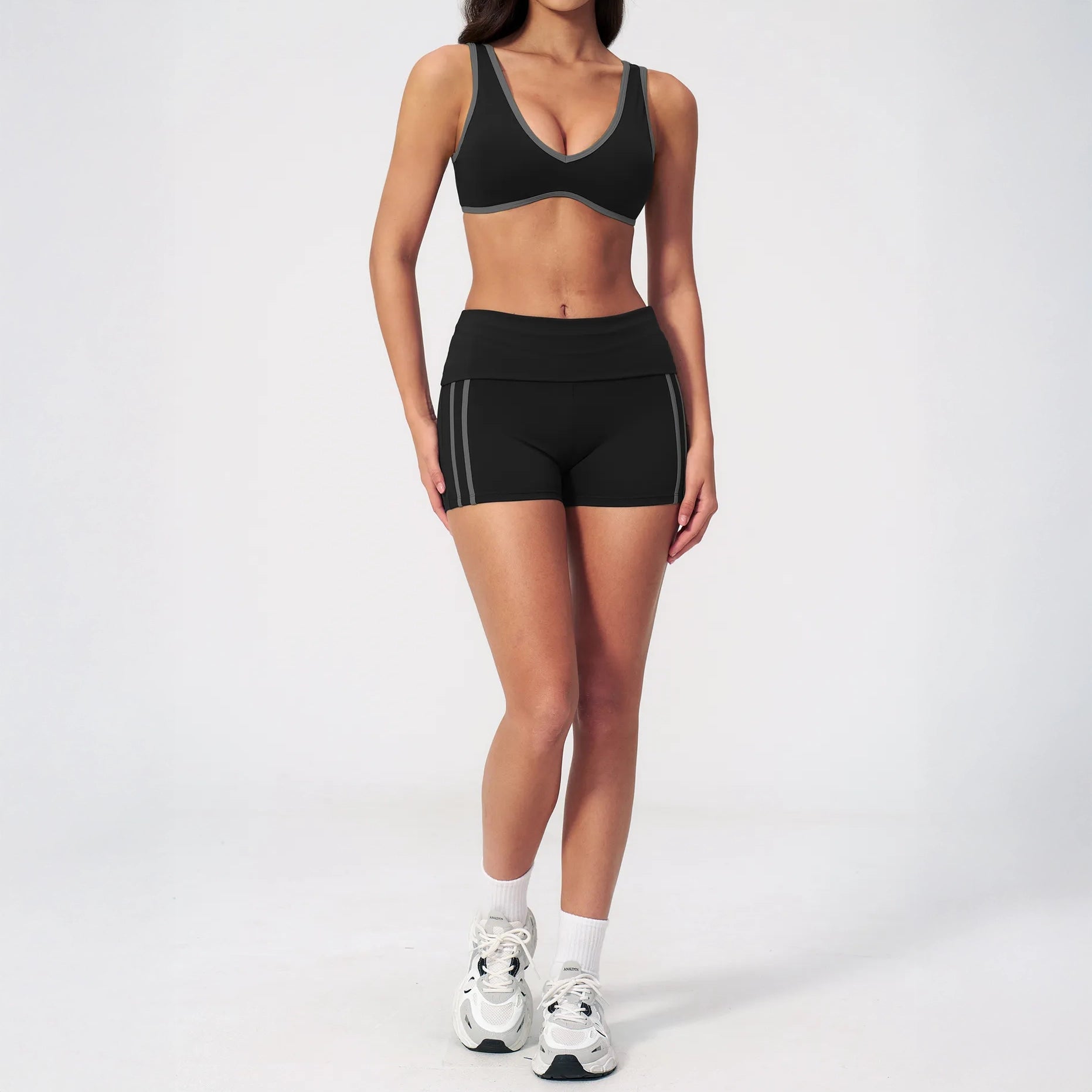 Contrast Foldover Waist Cheer Athletic Shorts - Black / Charcoal - black charcoal full styling