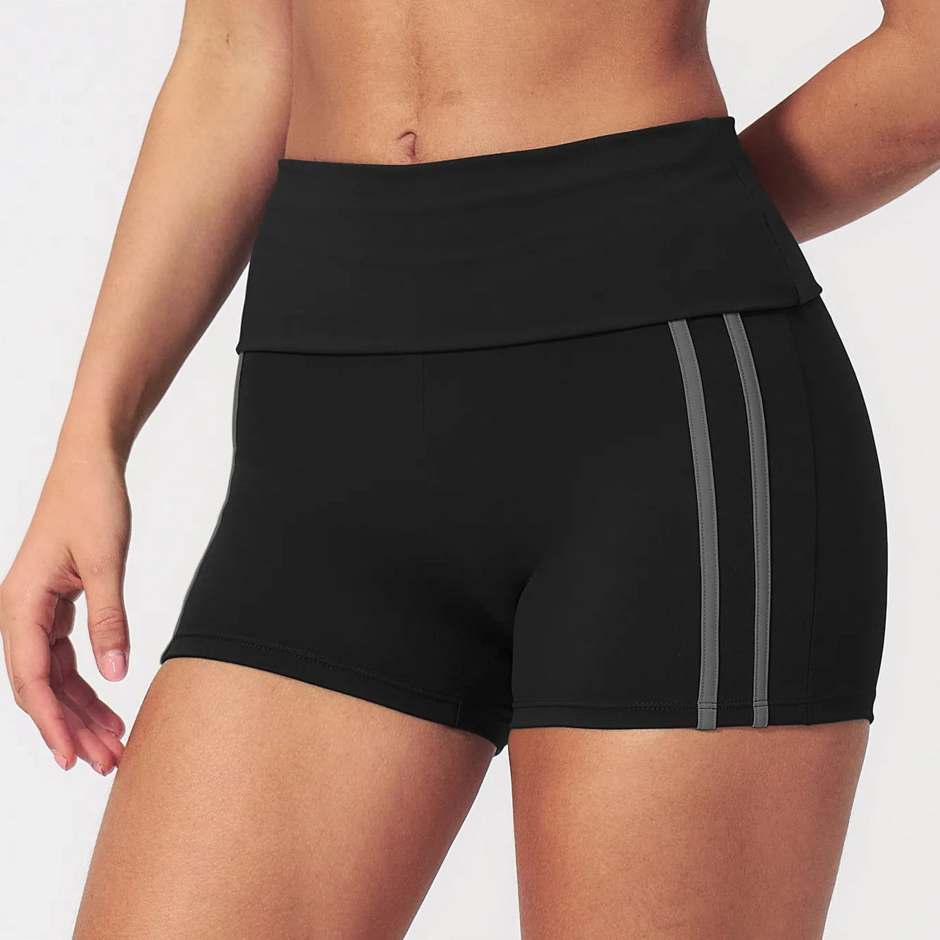 Contrast Foldover Waist Cheer Athletic Shorts - Black / Charcoal - black charcoal side tape view