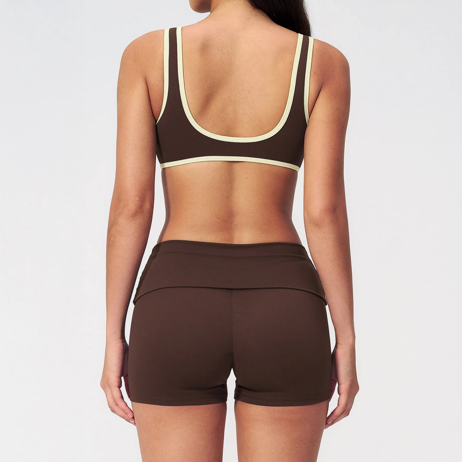 Contrast Foldover Waist Cheer Athletic Shorts - Coffee Brown / Cream - coffee brown cream back styling