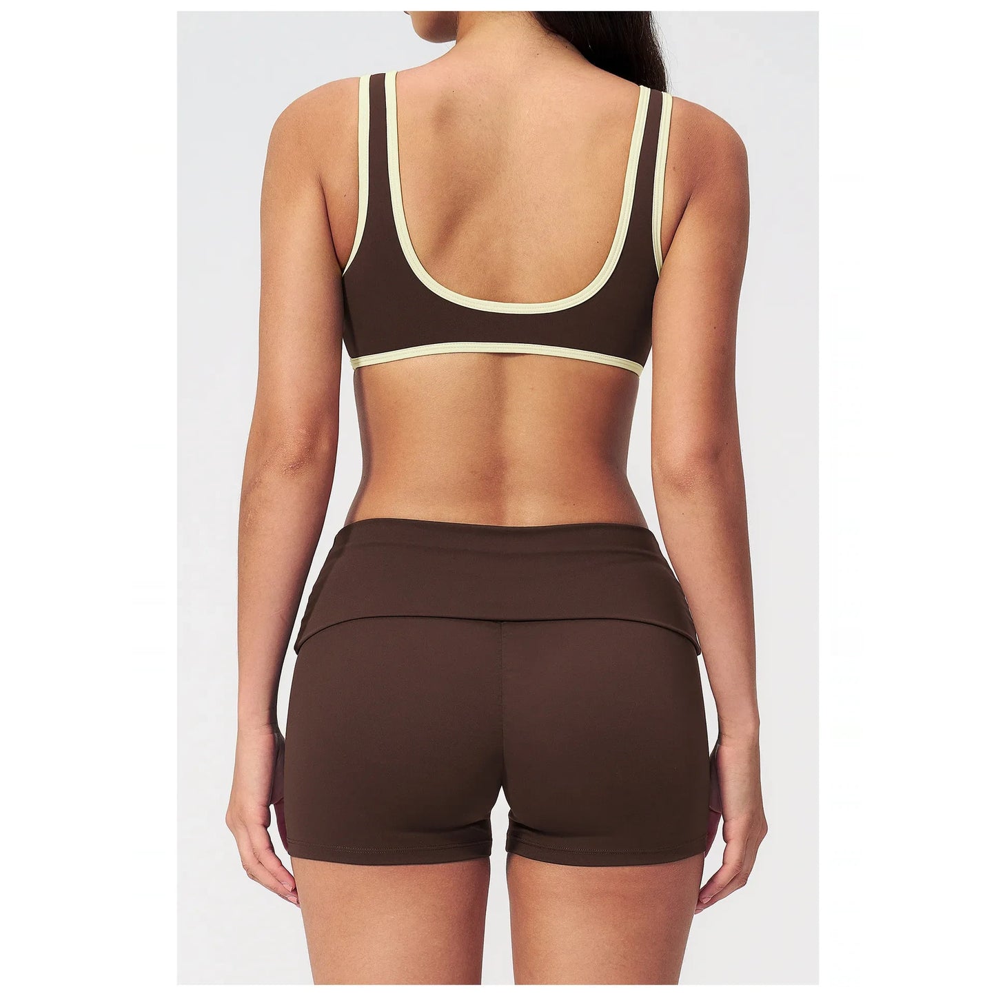 Contrast Foldover Waist Cheer Athletic Shorts - coffee brown cream back view