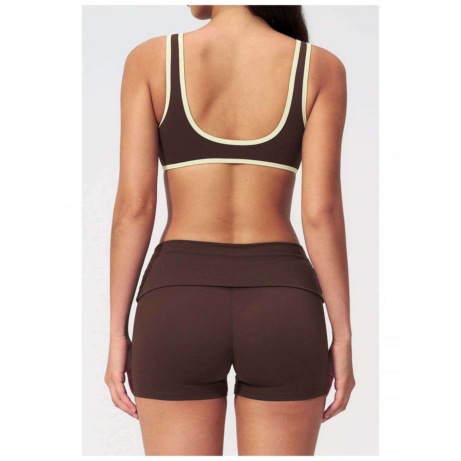 Contrast Foldover Waist Cheer Athletic Shorts - coffee brown cream back view