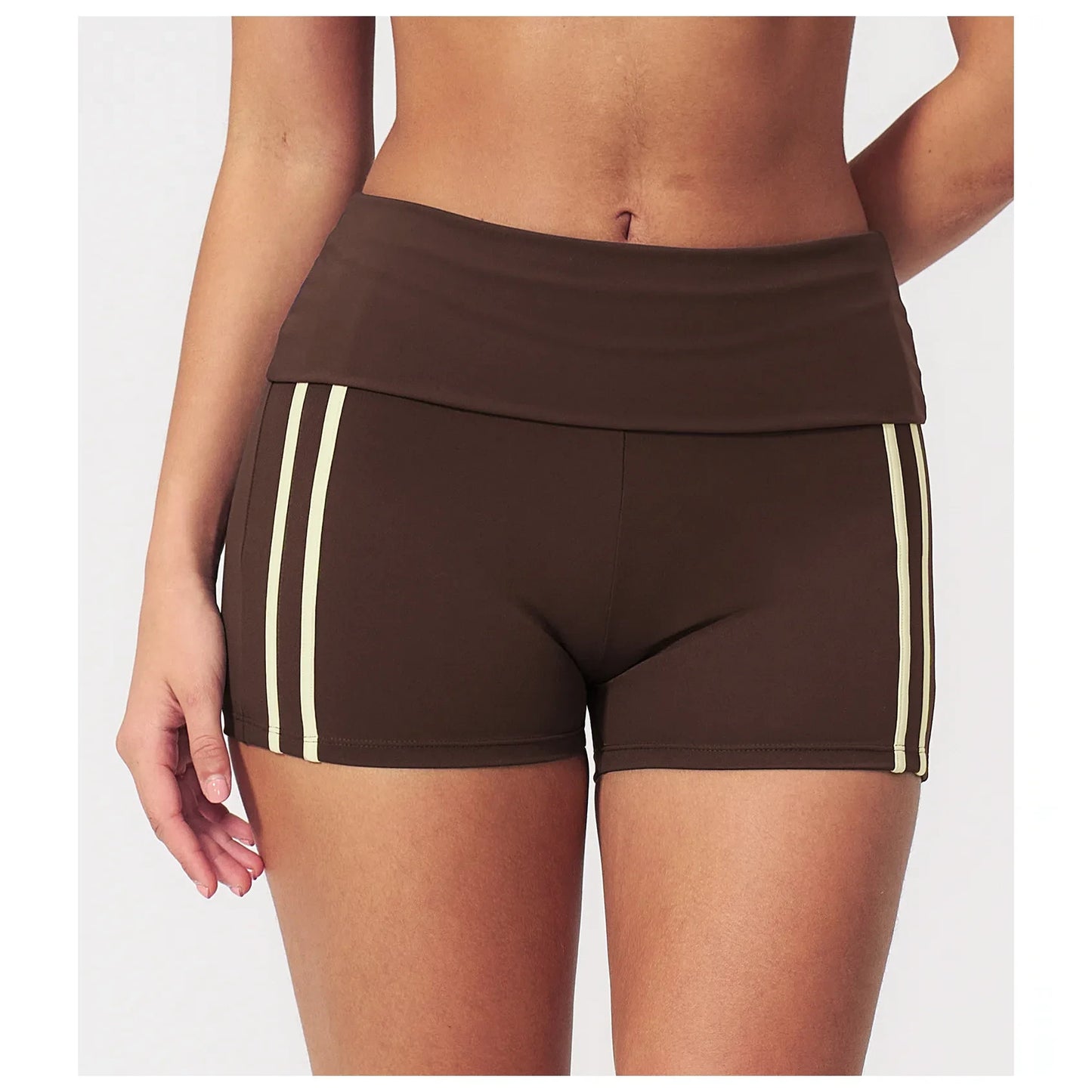Contrast Foldover Waist Cheer Athletic Shorts - coffee brown cream front detail