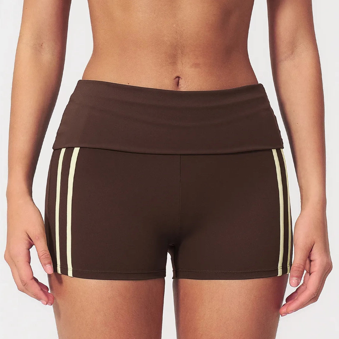 Contrast Foldover Waist Cheer Athletic Shorts - Coffee Brown / Cream - coffee brown cream front view