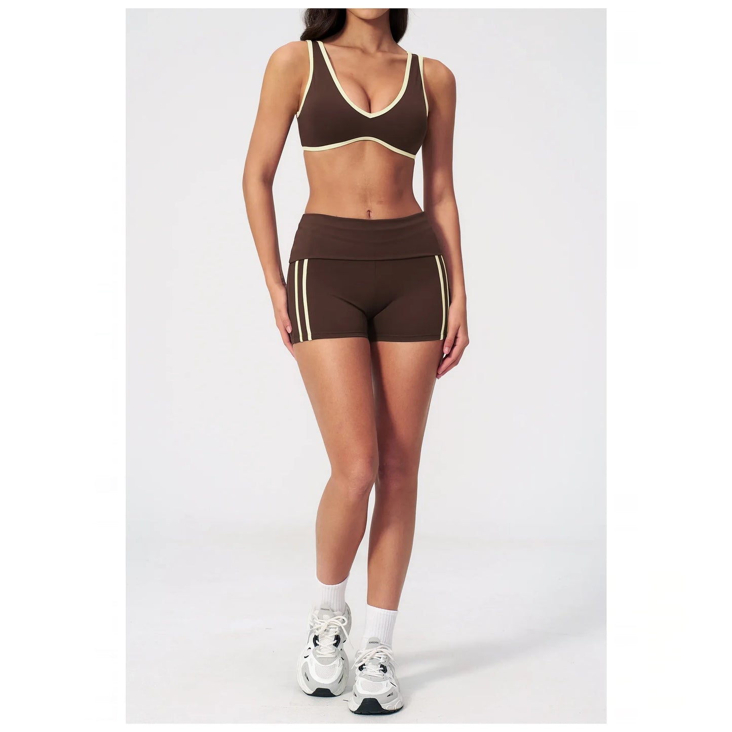 Contrast Foldover Waist Cheer Athletic Shorts - coffee brown cream full front