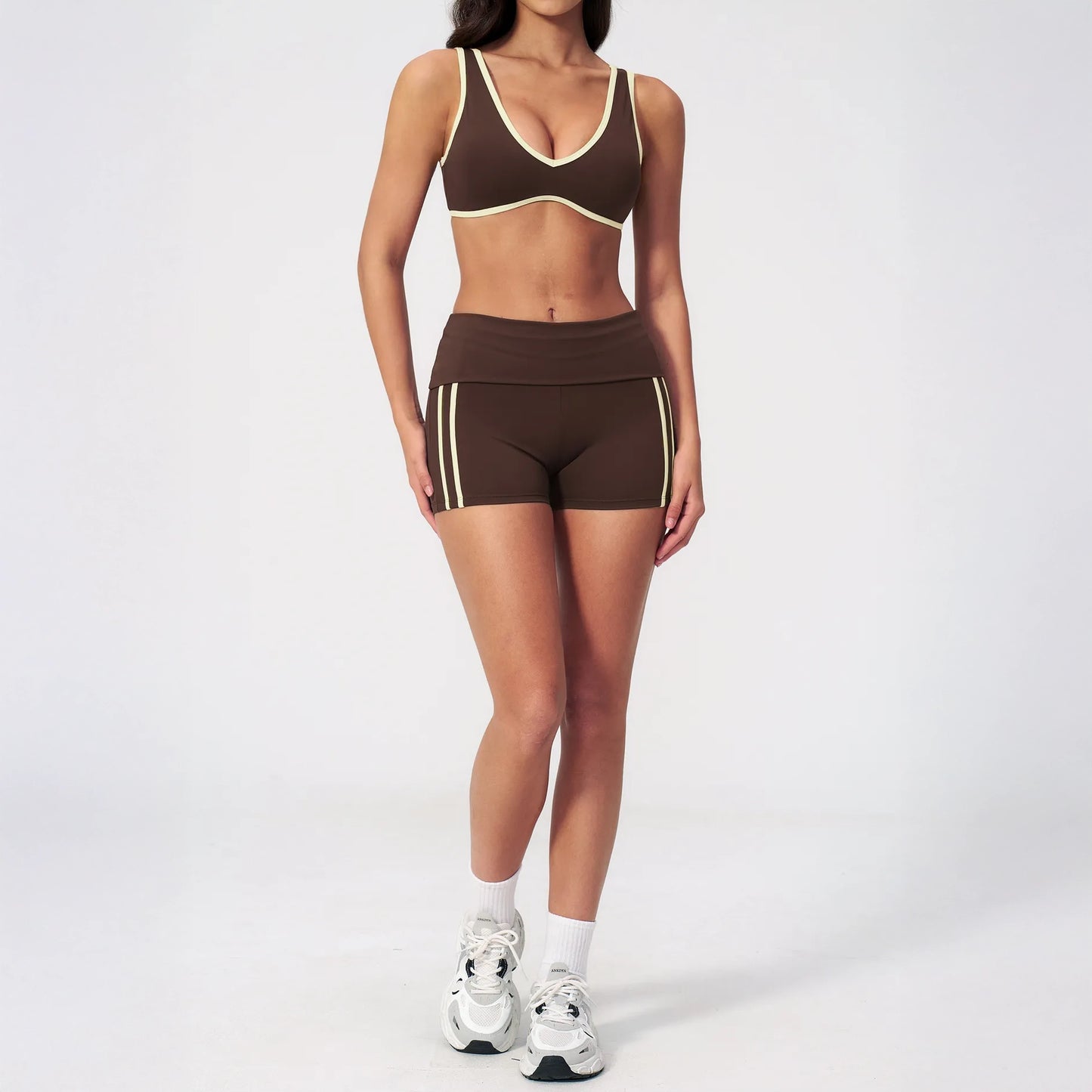 Contrast Foldover Waist Cheer Athletic Shorts - Coffee Brown / Cream - coffee brown cream full styling