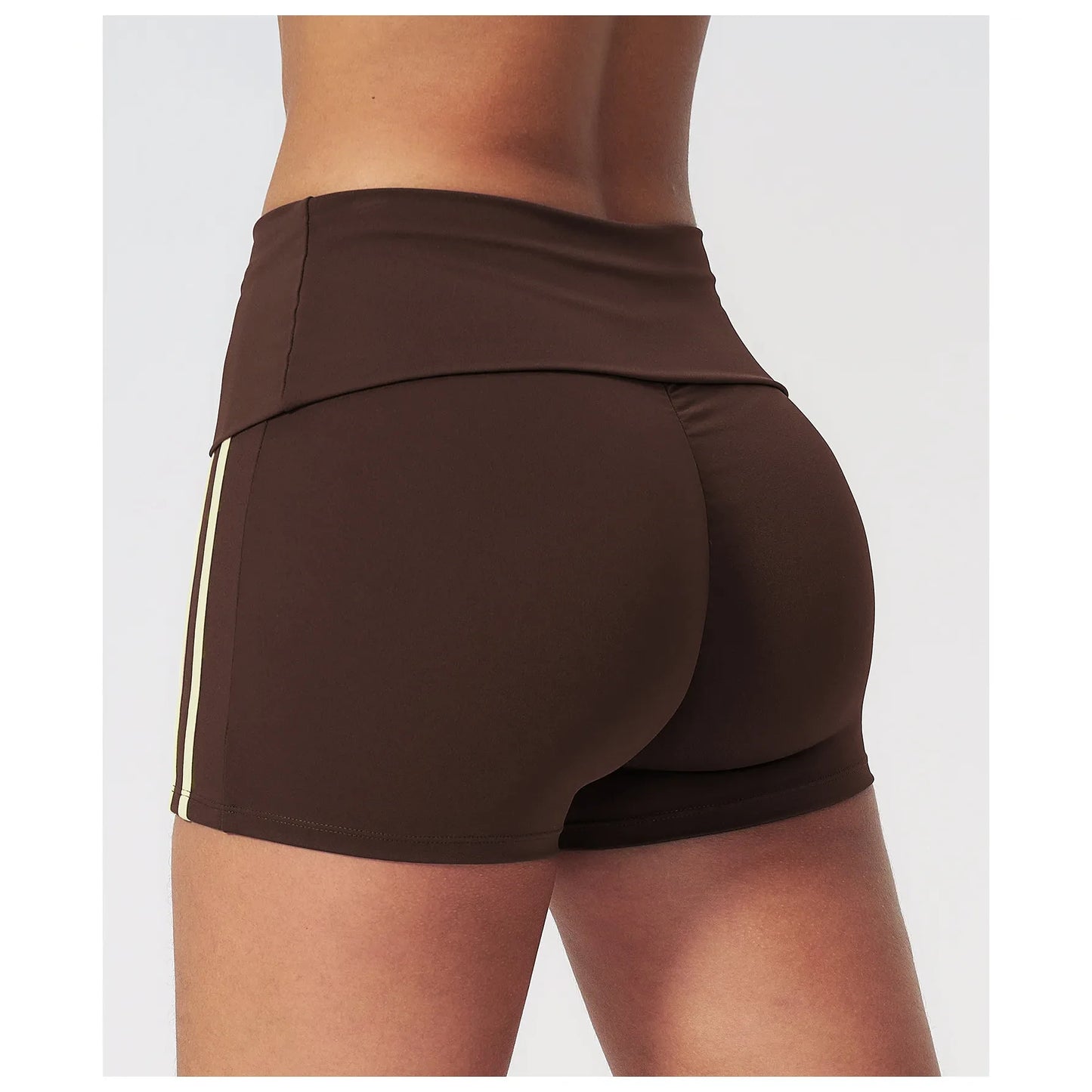 Contrast Foldover Waist Cheer Athletic Shorts - coffee brown cream scrunch back detail