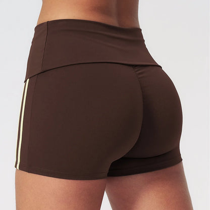 Contrast Foldover Waist Cheer Athletic Shorts - Coffee Brown / Cream - coffee brown cream scrunch back detail