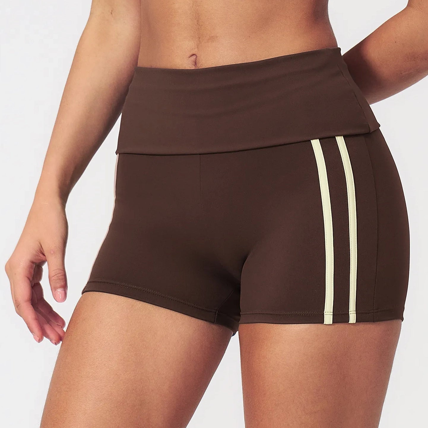 Contrast Foldover Waist Cheer Athletic Shorts - Coffee Brown / Cream - coffee brown cream side tape view