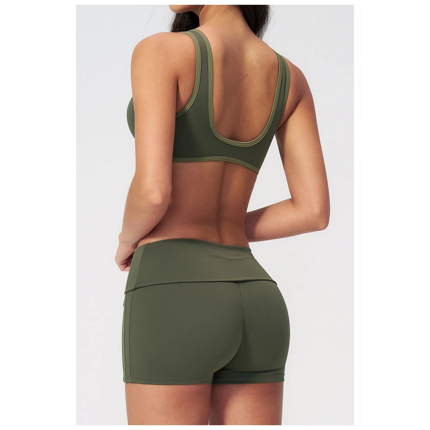 Contrast Foldover Waist Cheer Athletic Shorts - moss green light green back view