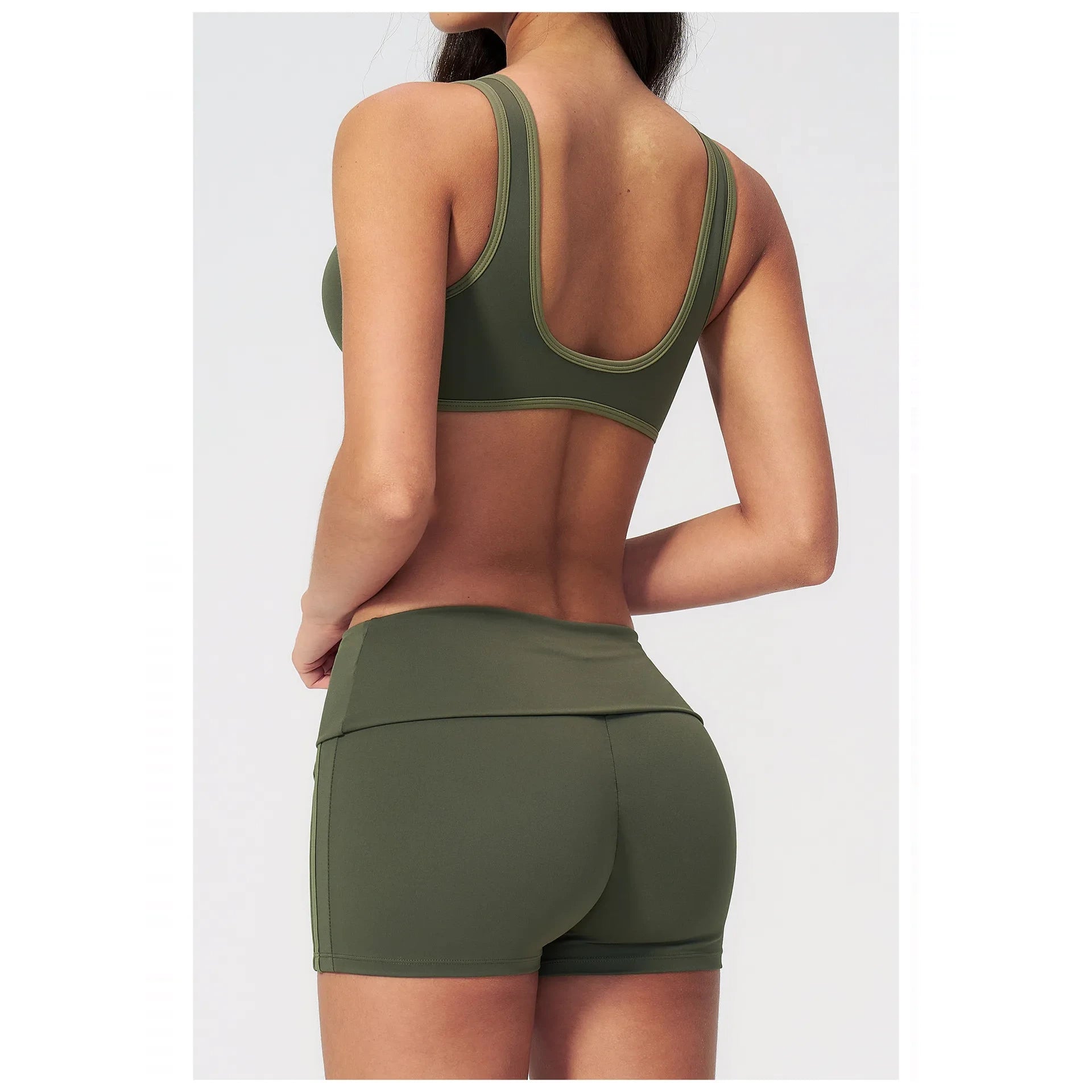 Contrast Foldover Waist Cheer Athletic Shorts - moss green light green back view