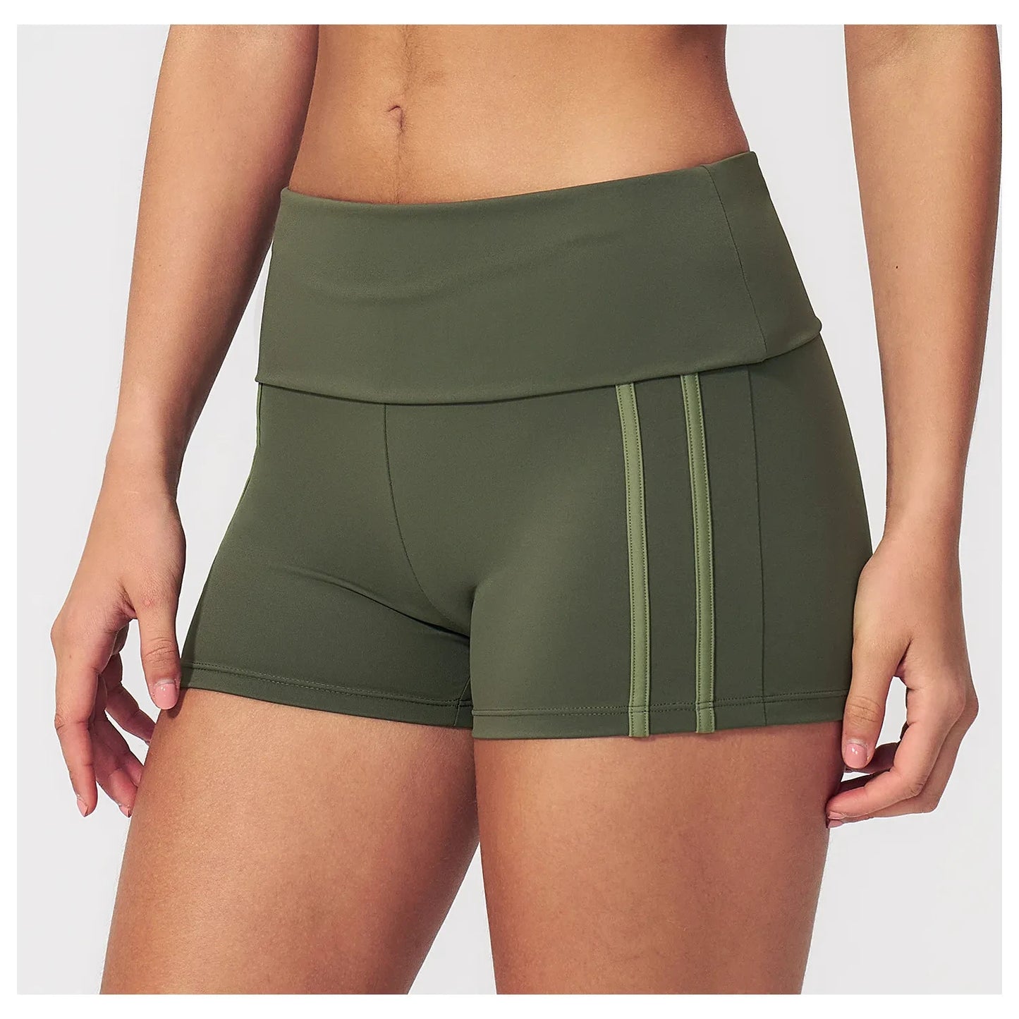 Contrast Foldover Waist Cheer Athletic Shorts - moss green light green front detail