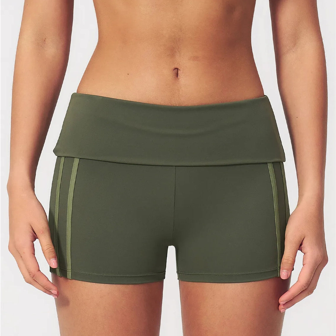 Contrast Foldover Waist Cheer Athletic Shorts - Moss Green / Light Green - moss green light green front view